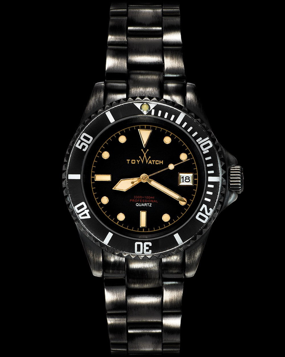 ToyWatch vintage black watch with three hands, showcasing a classic design and black dial on a clean background.