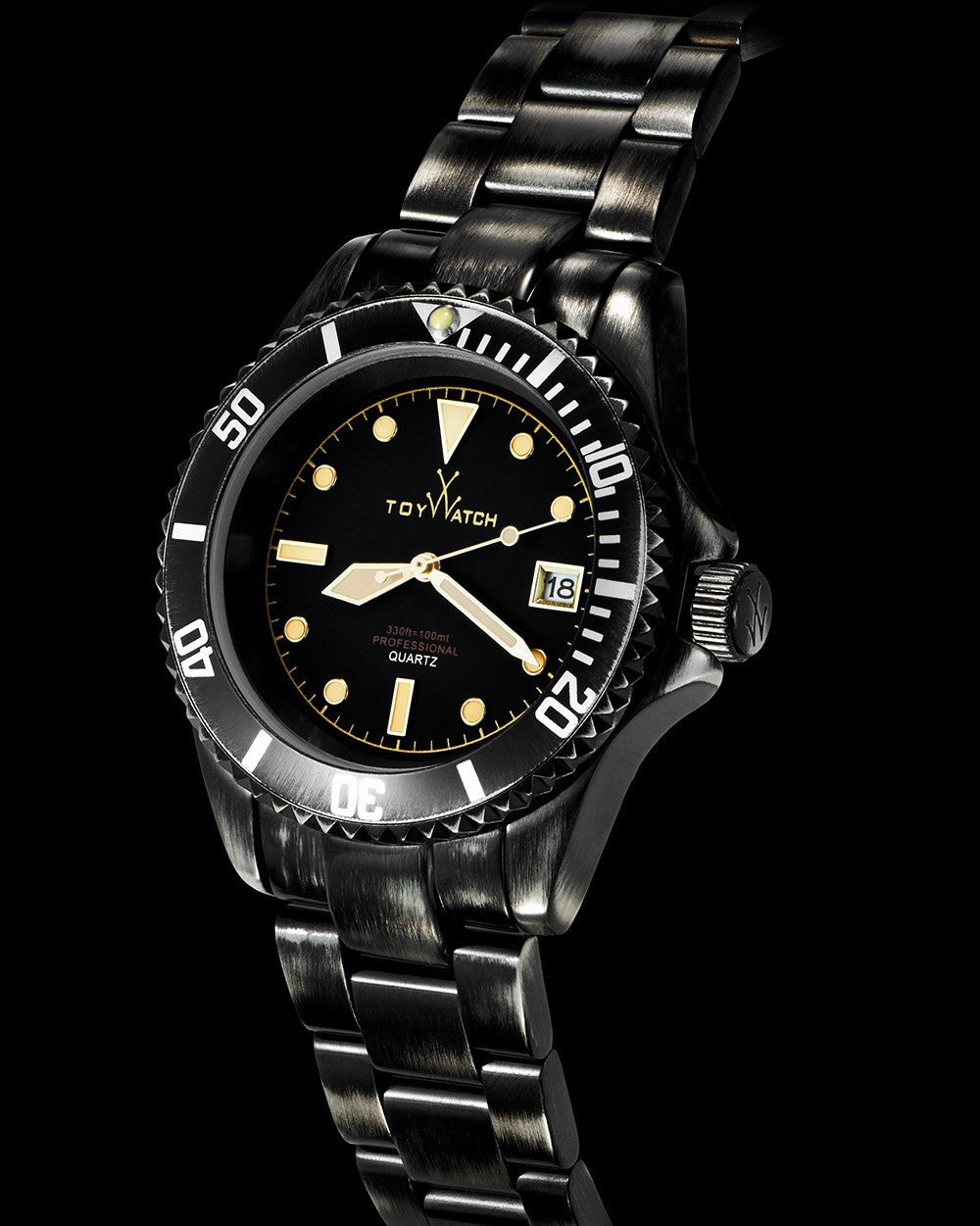 ToyWatch vintage black watch with three hands, featuring a classic design and black dial, seen from the side.
