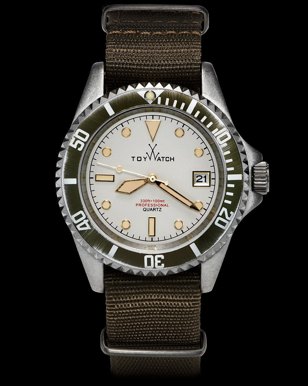 ToyWatch vintage green dial watch with three hands and canvas strap, displaying a classic, stylish design.