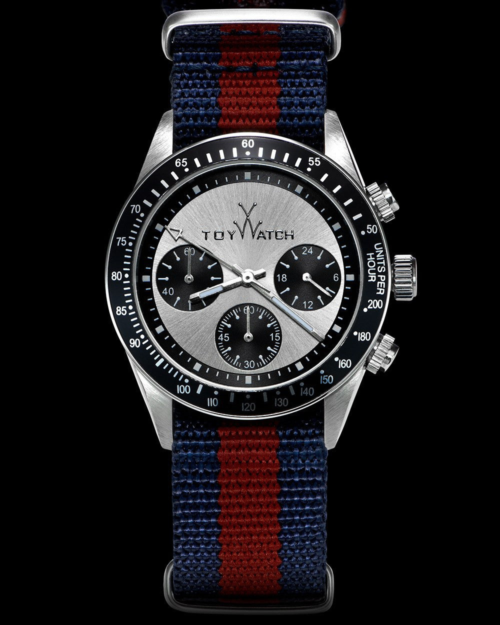 ToyWatch vintage chrono watch with dark blue and Bordeaux strap, featuring a classic round dial and stainless steel case.