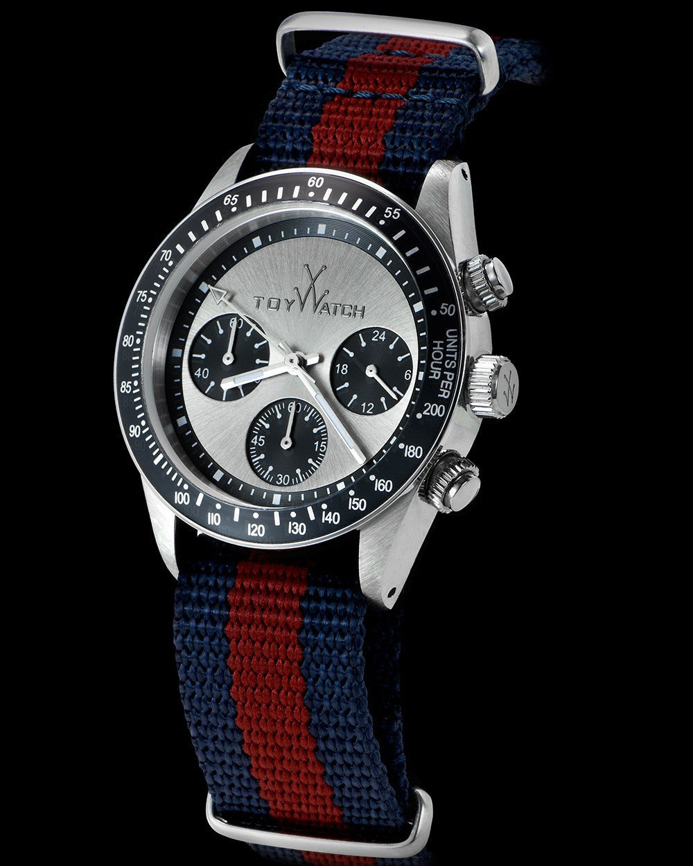 ToyWatch vintage chronograph watch with dark blue dial and Bordeaux leather strap, featuring a classic and stylish design.