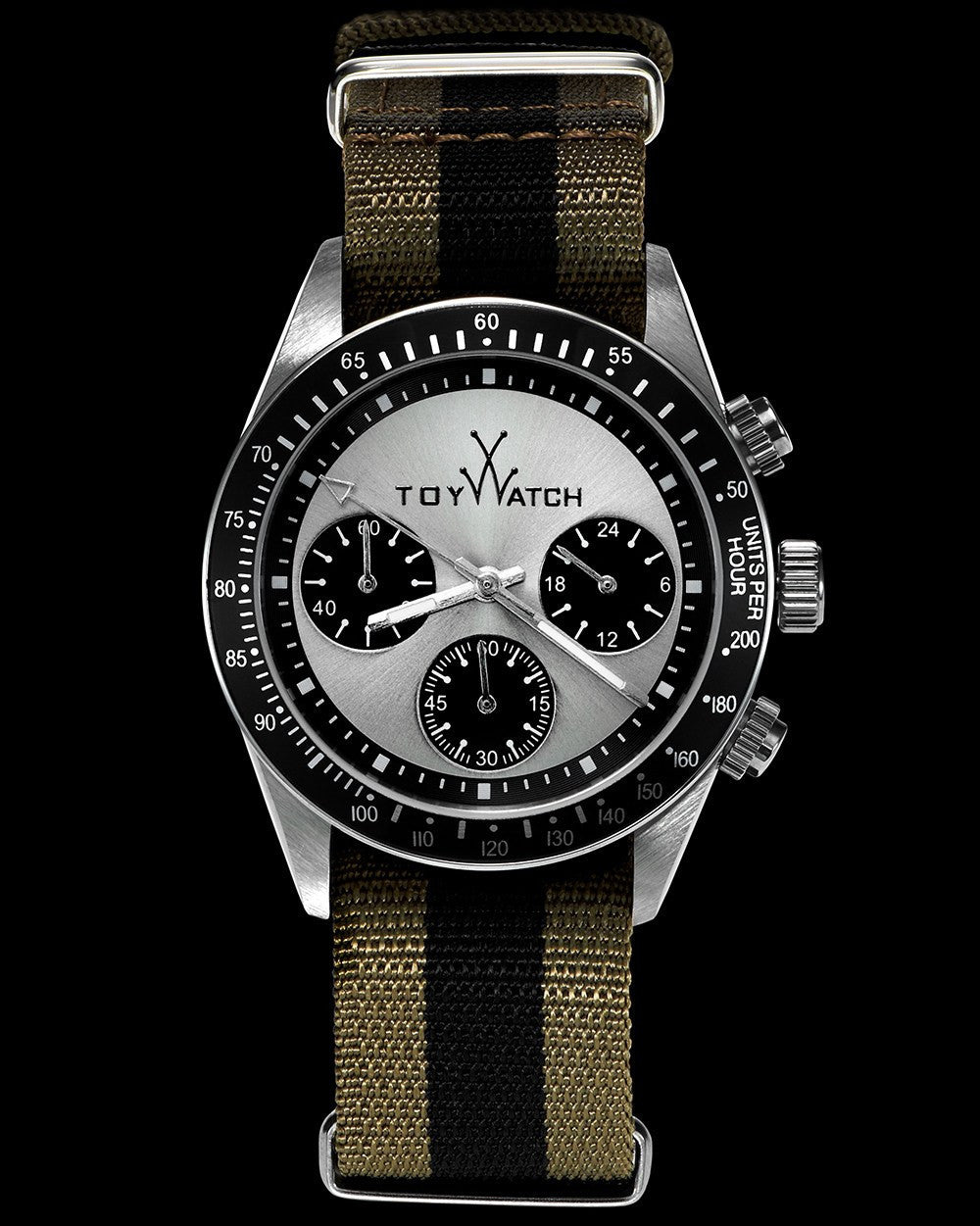 ToyWatch vintage chrono watch with hunter green and black dial, featuring a sleek design and chronograph functions.