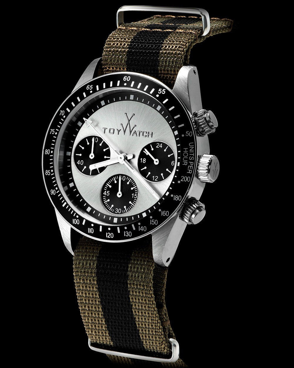 ToyWatch vintage Chrono watch with hunter green and black dial, side view showcasing stainless steel case and chronograph features.