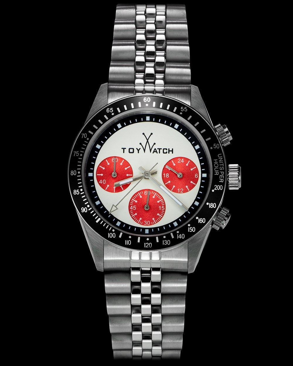 ToyWatch Vintage Chrono watch with an ivory dial and red accents, showcasing a stylish analog timepiece.
