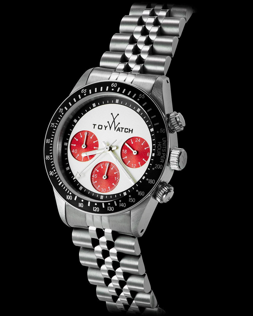 ToyWatch Vintage Chrono watch with ivory dial and red accents, side view showing stylish design and classic style.
