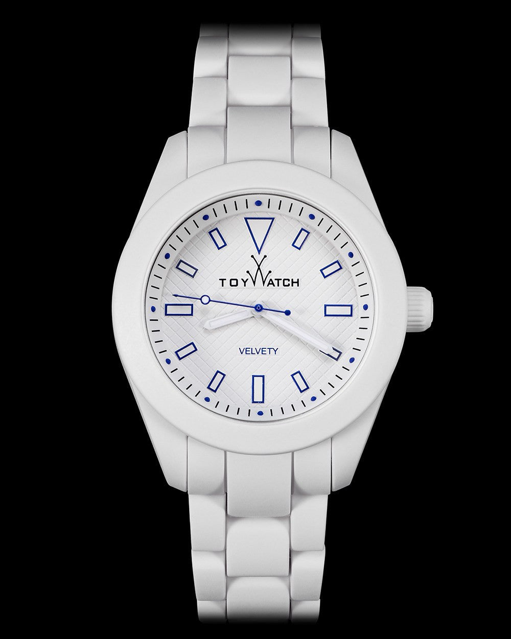 ToyWatch VELVETY WHITE AND BLUE watch with a sleek round face and blue strap, showcasing a modern, stylish design.