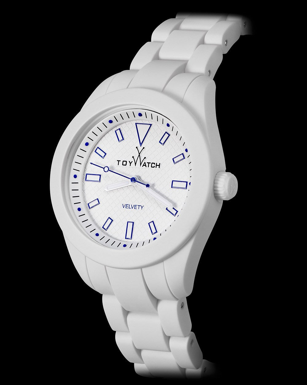 ToyWatch VELVETY WHITE AND BLUE watch featuring a sleek design with a white and blue strap and round dial.