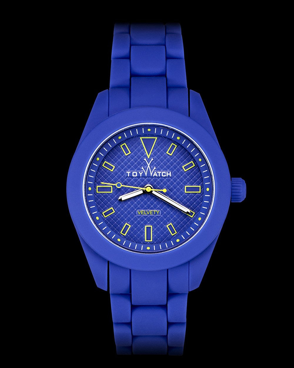 ToyWatch VELVETY BLUE watch with a sleek blue strap and round face, showcasing a modern, stylish design.