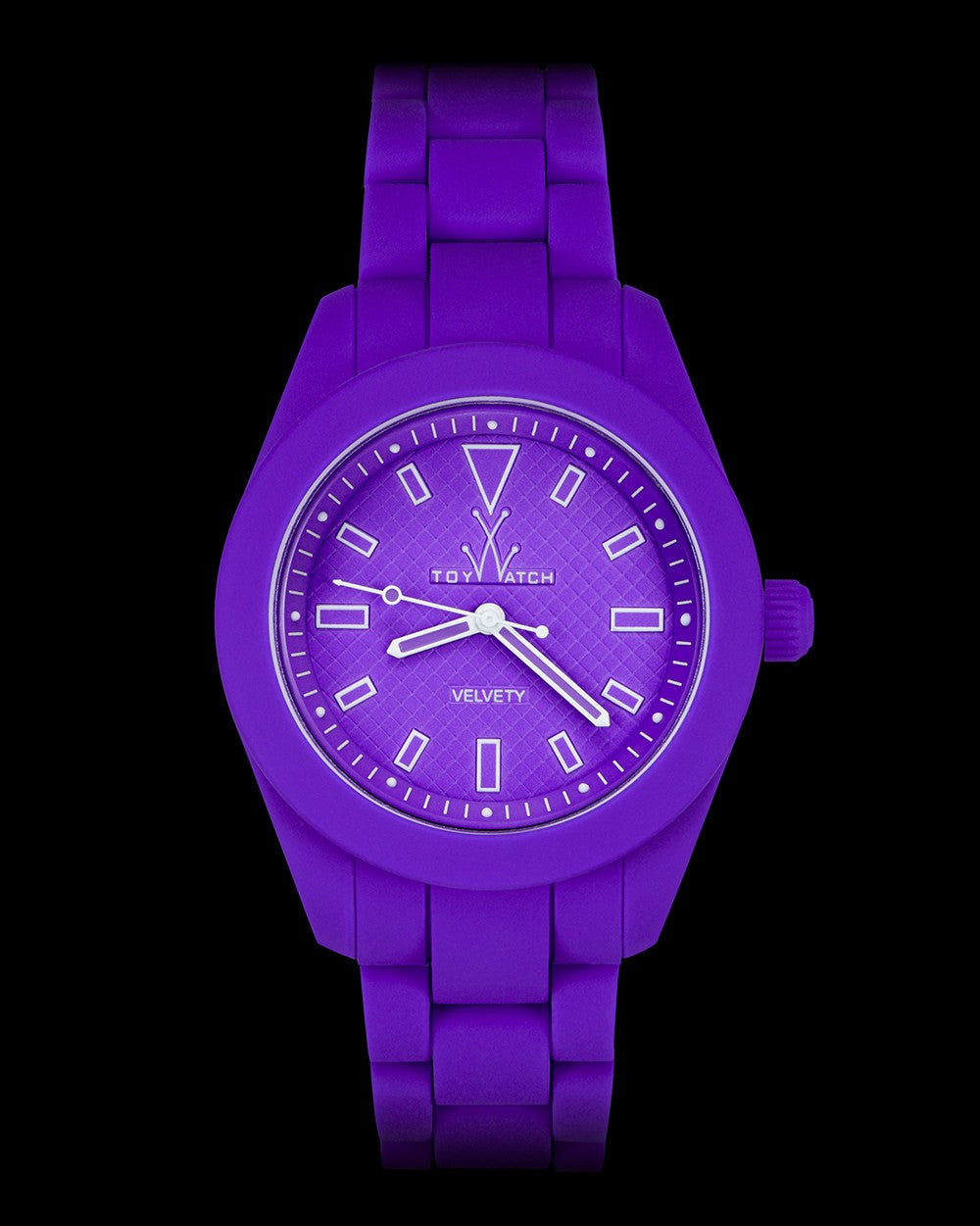 ToyWatch Velvety Violet watch with a round face, purple strap, and sleek design, front view showing the stylish timepiece.