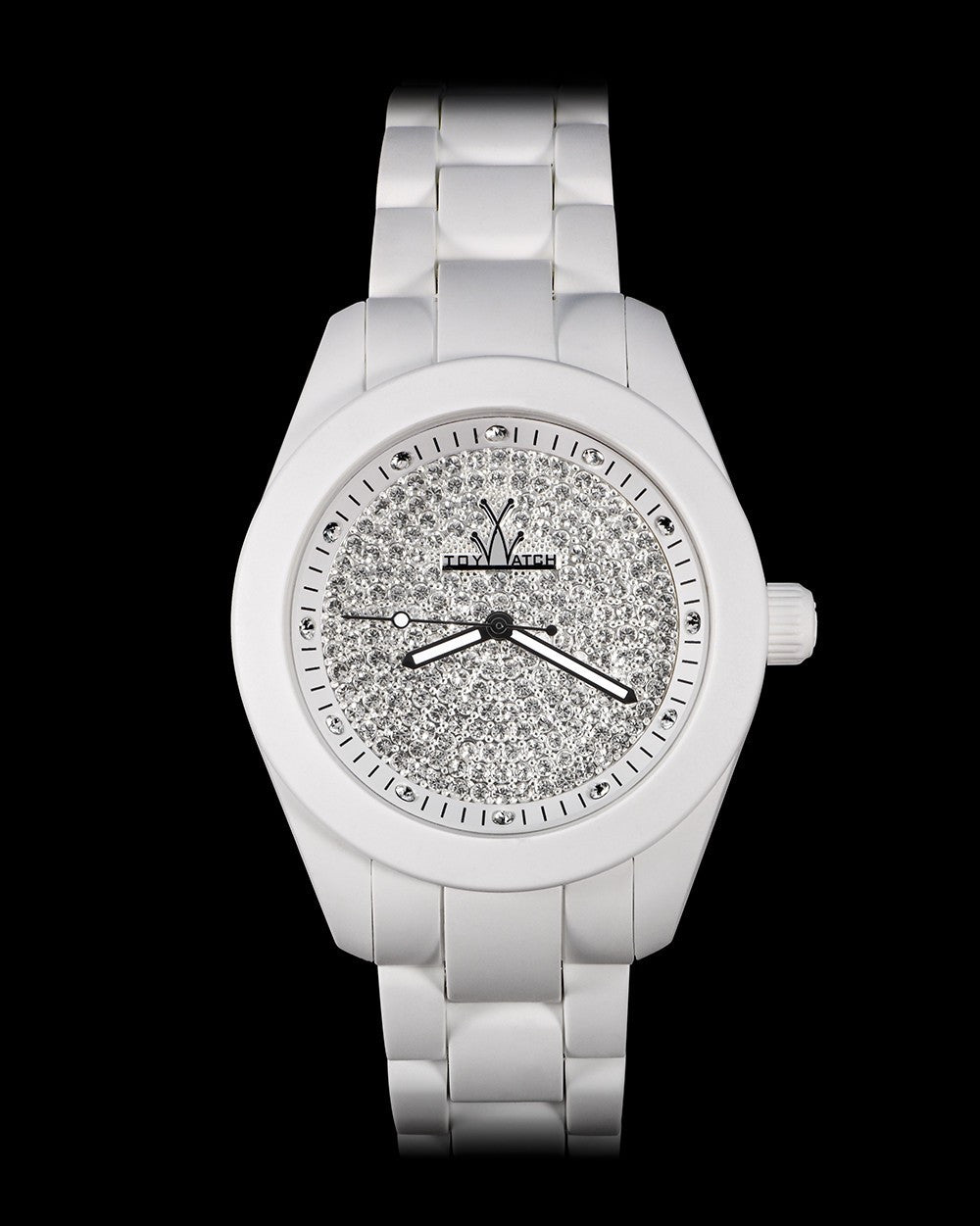 ToyWatch VELVETY WHITE FULL PAVE watch with a sleek white face and sparkling pavé detailing on the case.