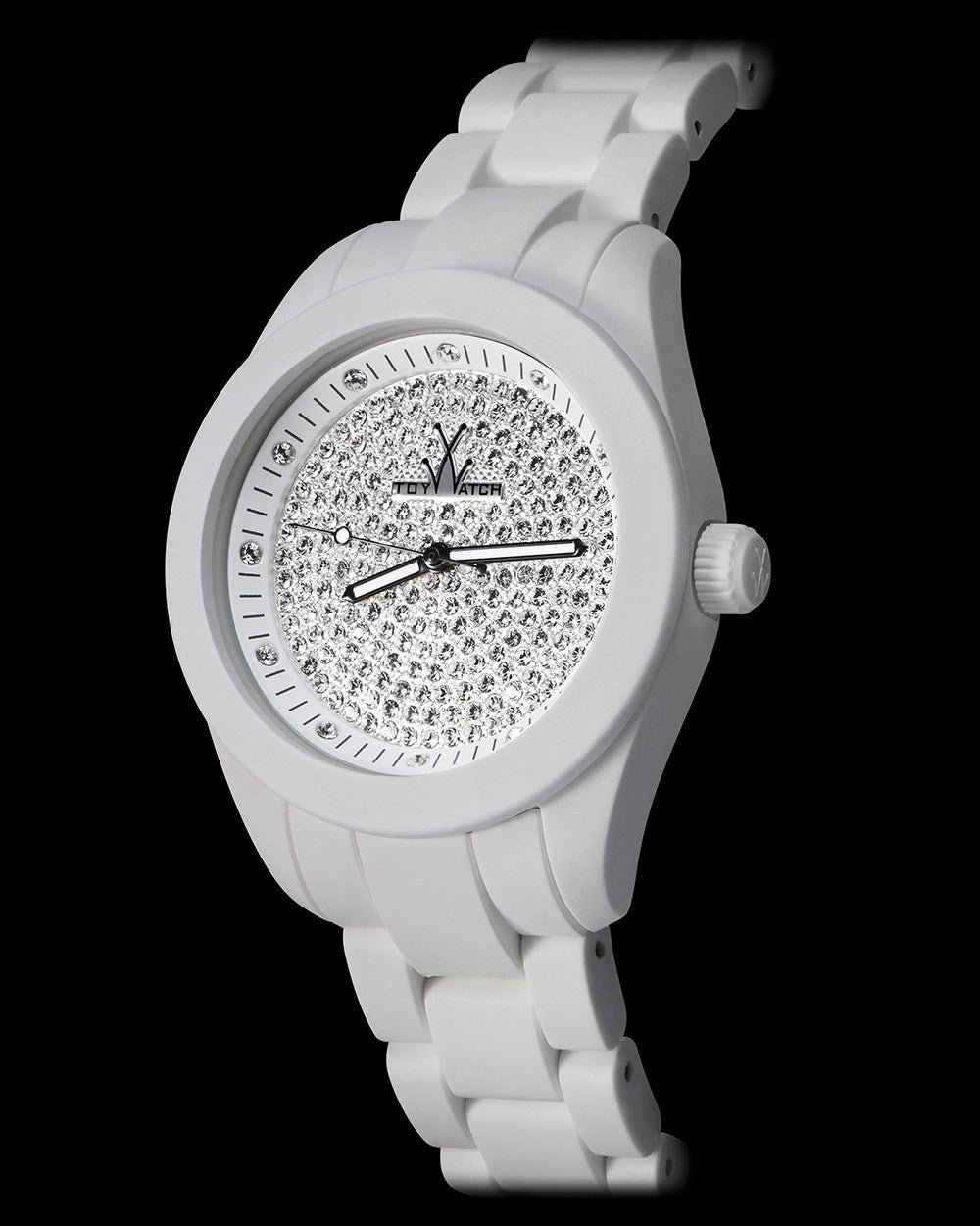 ToyWatch VELVETY WHITE FULL PAVE watch with a sleek white strap and sparkling pavé dial, showcasing elegant luxury and craftsmanship.