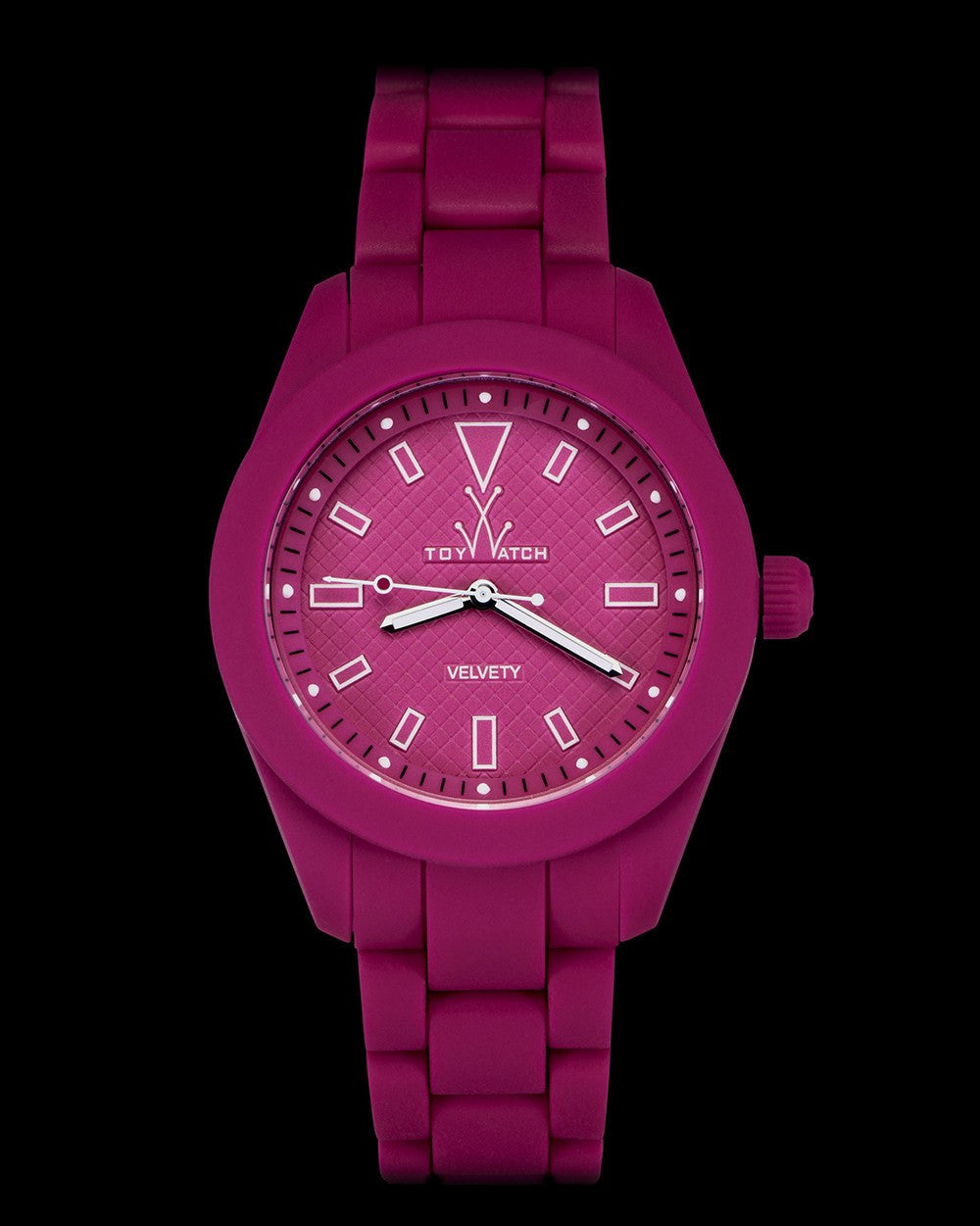 ToyWatch Velvety Pink Shocking watch with a round pink dial and matching pink strap, showcasing a stylish and vibrant design.
