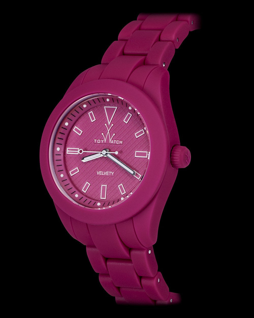 ToyWatch Velvety Pink Shocking watch with a pink strap and round dial, showcasing its vibrant, stylish design.