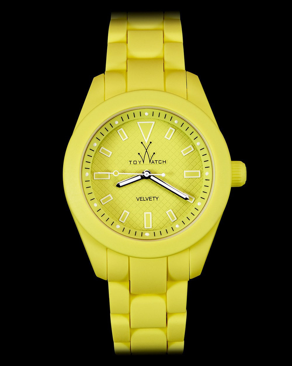 ToyWatch VELVETY LIME watch with a sleek lime green strap and round face, front view showing modern design and vibrant color.