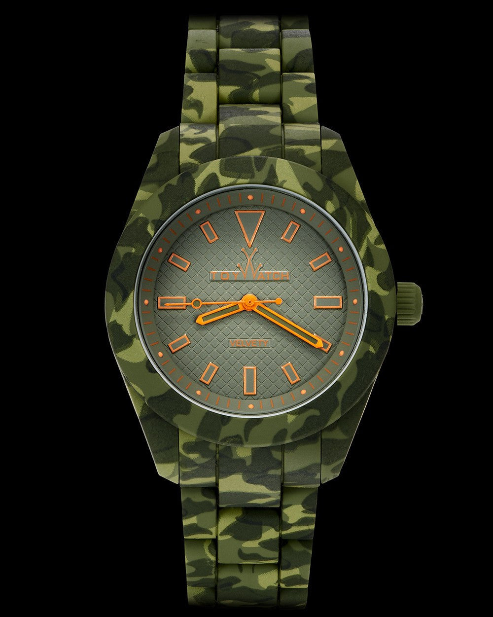 ToyWatch VELVETY Camouflage Green watch with a sleek design and green camouflage strap, front view showing the watch face.