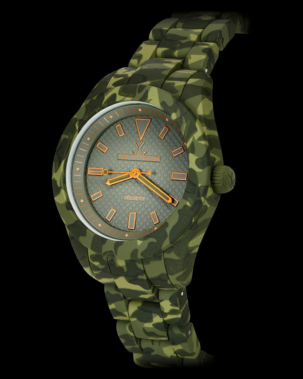 ToyWatch VELVETY CAMOUFLAGE GREEN watch with a sleek round face and camouflage green strap, stylish and modern accessory.