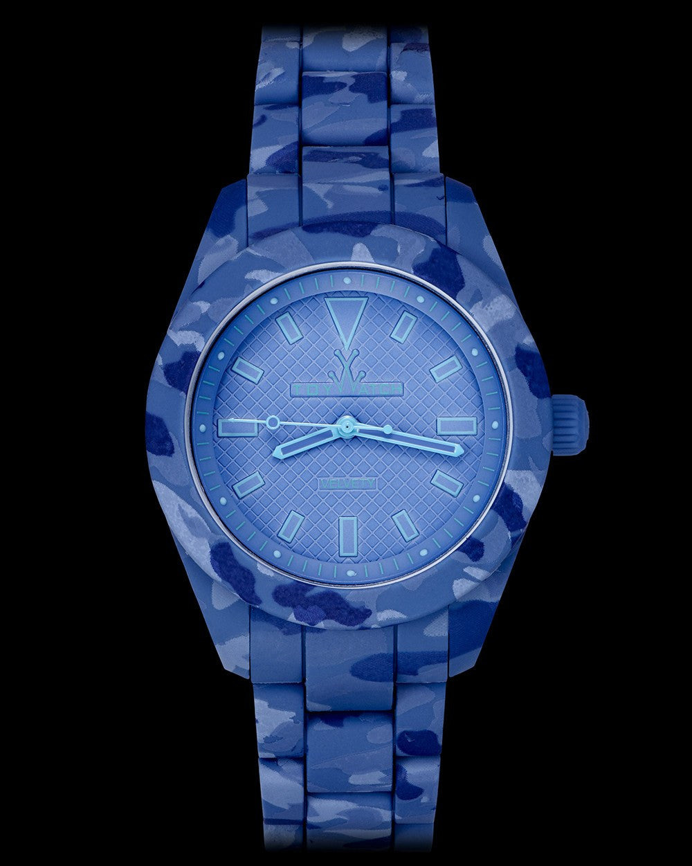 ToyWatch Velvety Camouflage Blue watch with a round dial and blue camouflage strap, front view showing watch face and strap details.