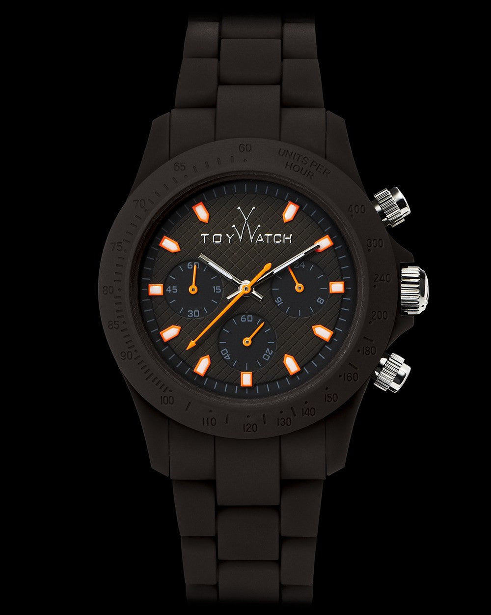 ToyWatch Velvety Chrono Brown watch with a brown leather strap and round dial, showcasing a sleek and stylish design.