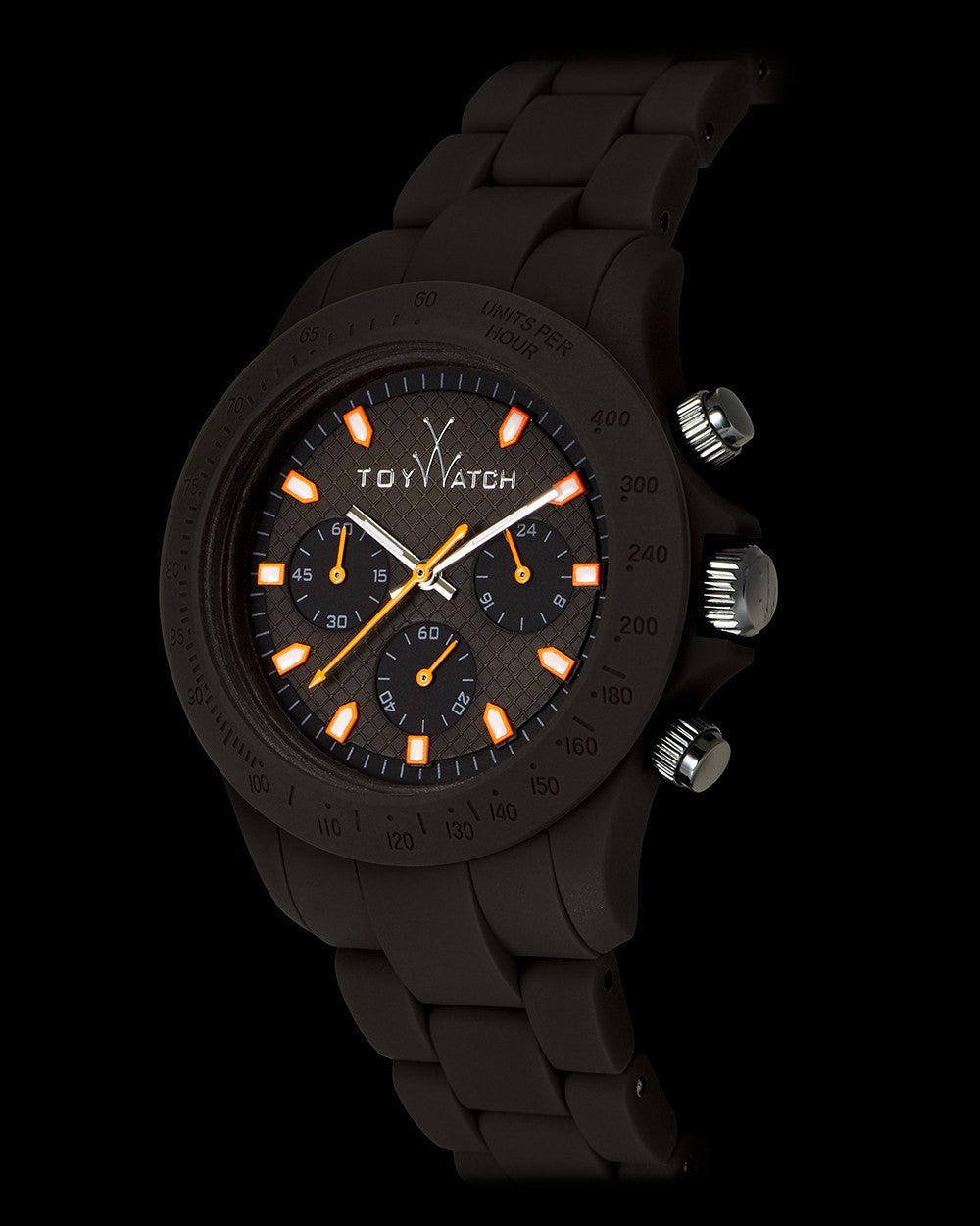 ToyWatch Velvety Chrono Brown watch with a sleek brown strap and round dial, showcasing a stylish and modern design.