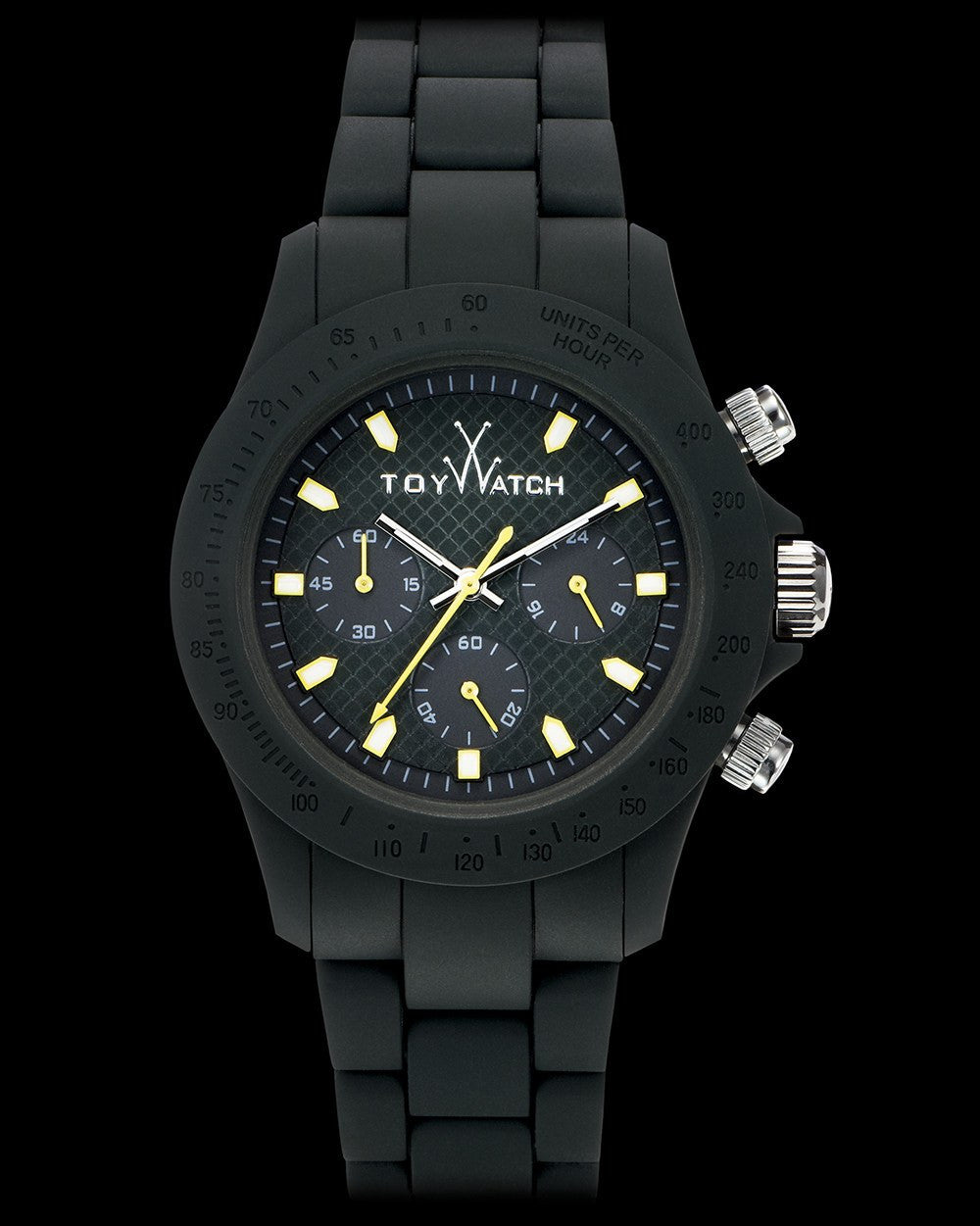 ToyWatch Velvety Chrono Hunter Green watch with a sleek green dial and stainless steel case, front view.