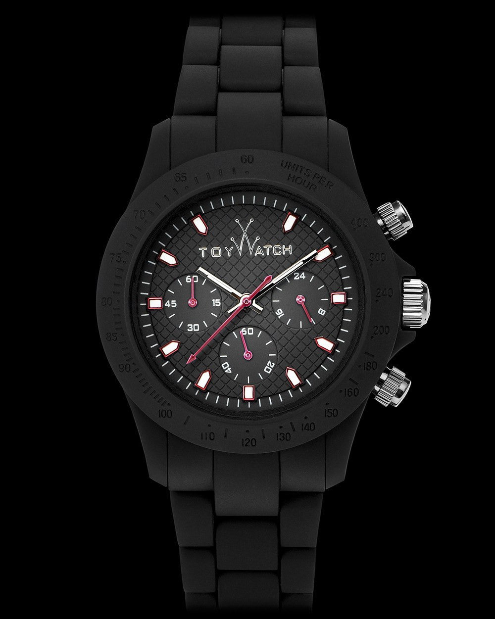 ToyWatch Velvety Chrono Black watch with black dial and strap, featuring a sleek, modern design and chronograph functions.