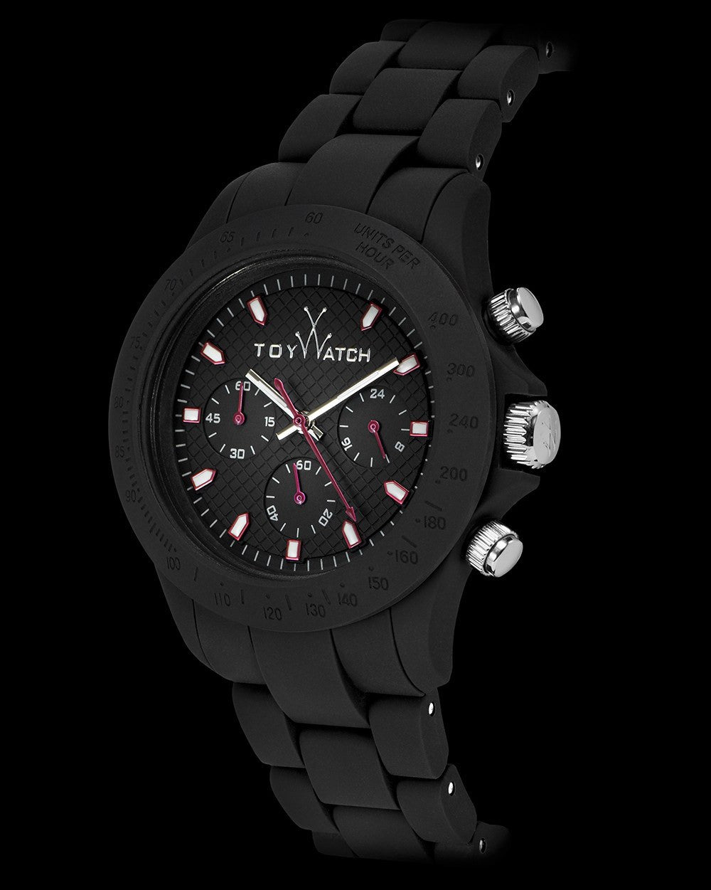 ToyWatch Velvety Chrono Black watch with black dial and strap, featuring a sleek, modern design and chronograph functionality.