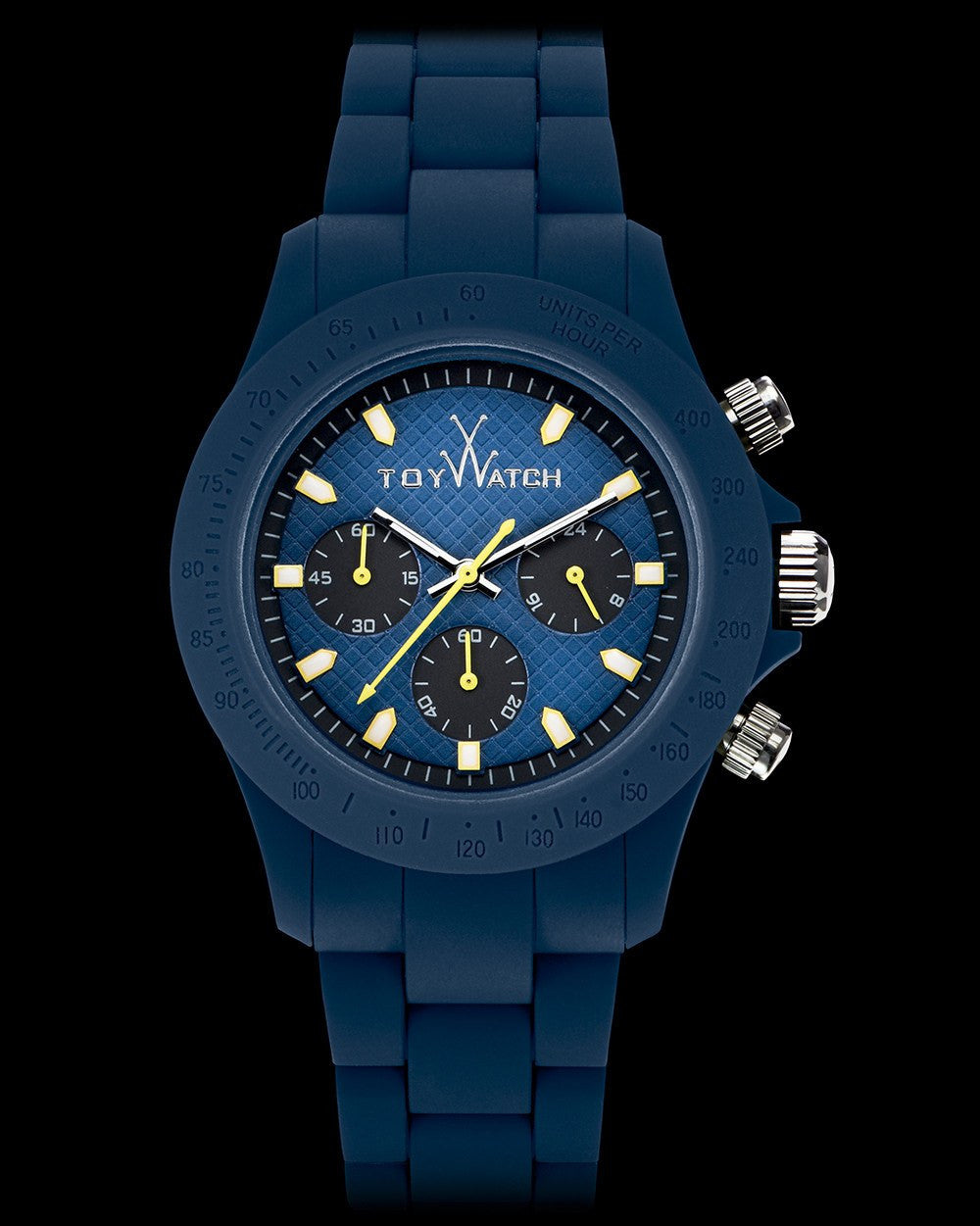 ToyWatch Velvet Chrono Blue watch with a sleek blue dial and stainless steel strap, showcasing a modern, elegant design.