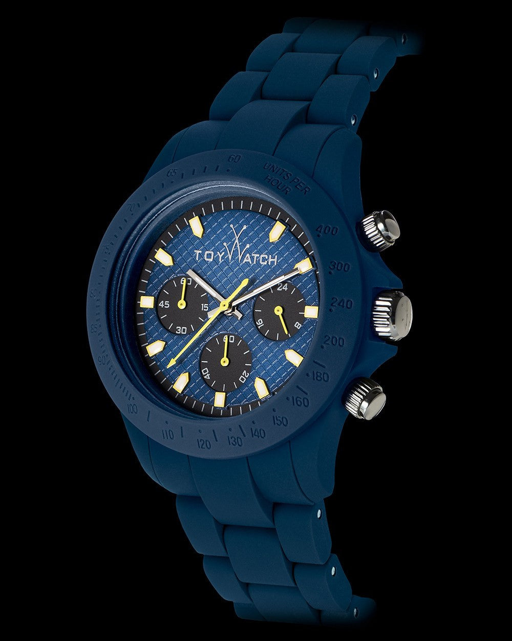 ToyWatch Velvety Chrono Blue watch with a sleek blue dial and stainless steel bracelet, showcasing modern design and chronograph features.