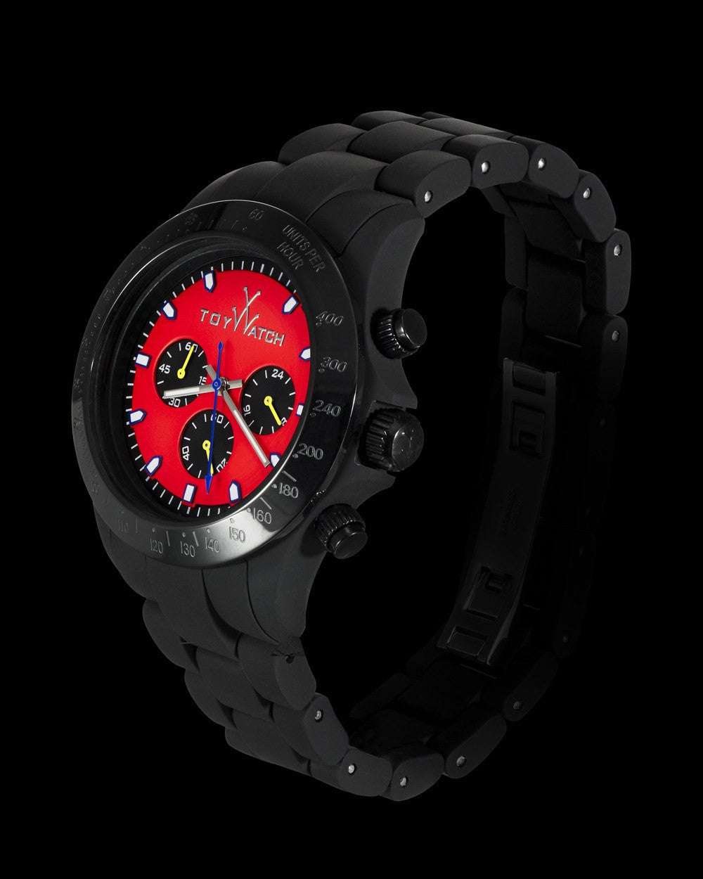 ToyWatch Velvety Chrono Black and Red watch with a sleek design and contrasting dial, featuring a comfortable strap and modern style.
