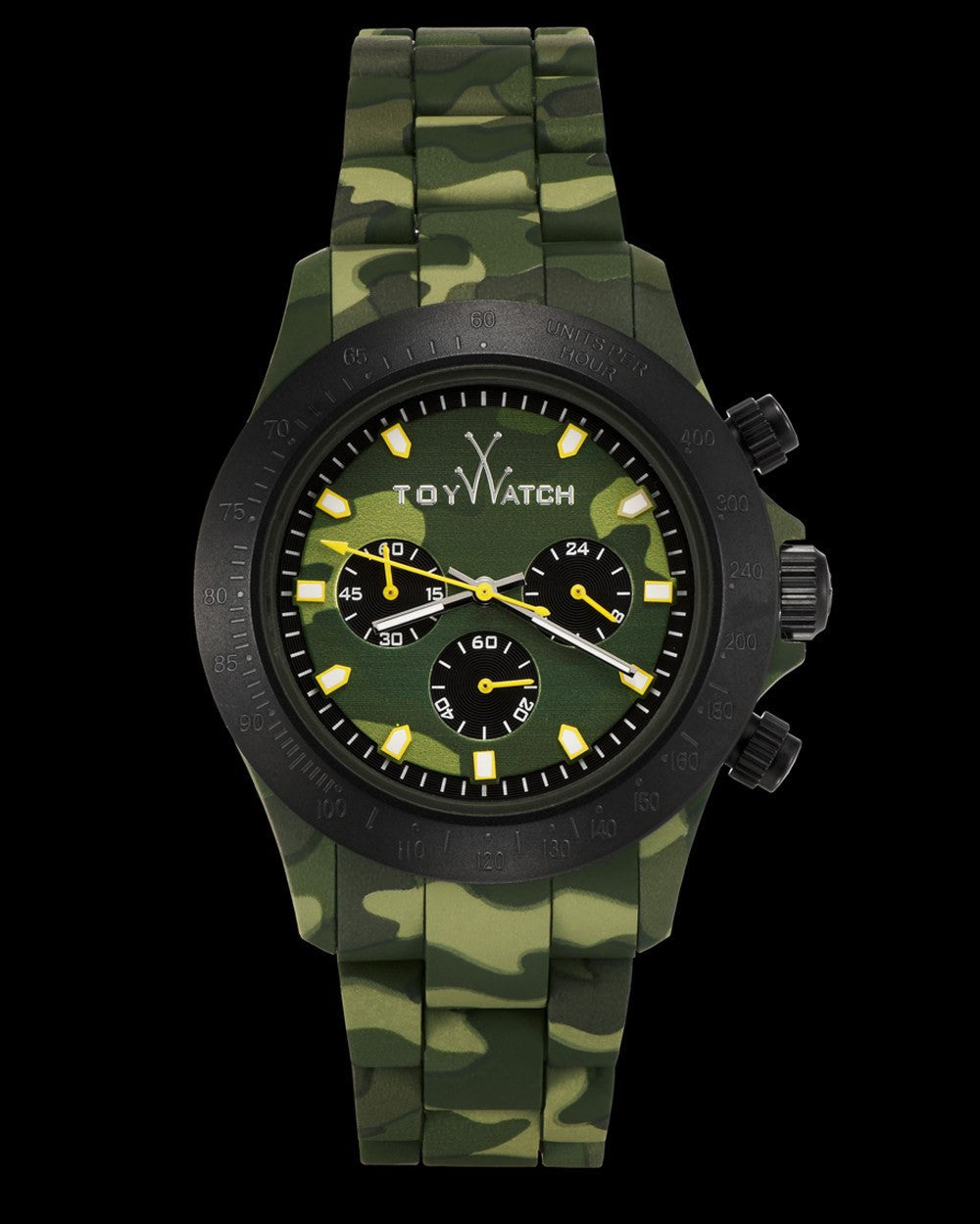 ToyWatch Velvety Chrono Camouflage watch with a sleek camo-patterned dial and matching strap, showcasing modern style and craftsmanship.