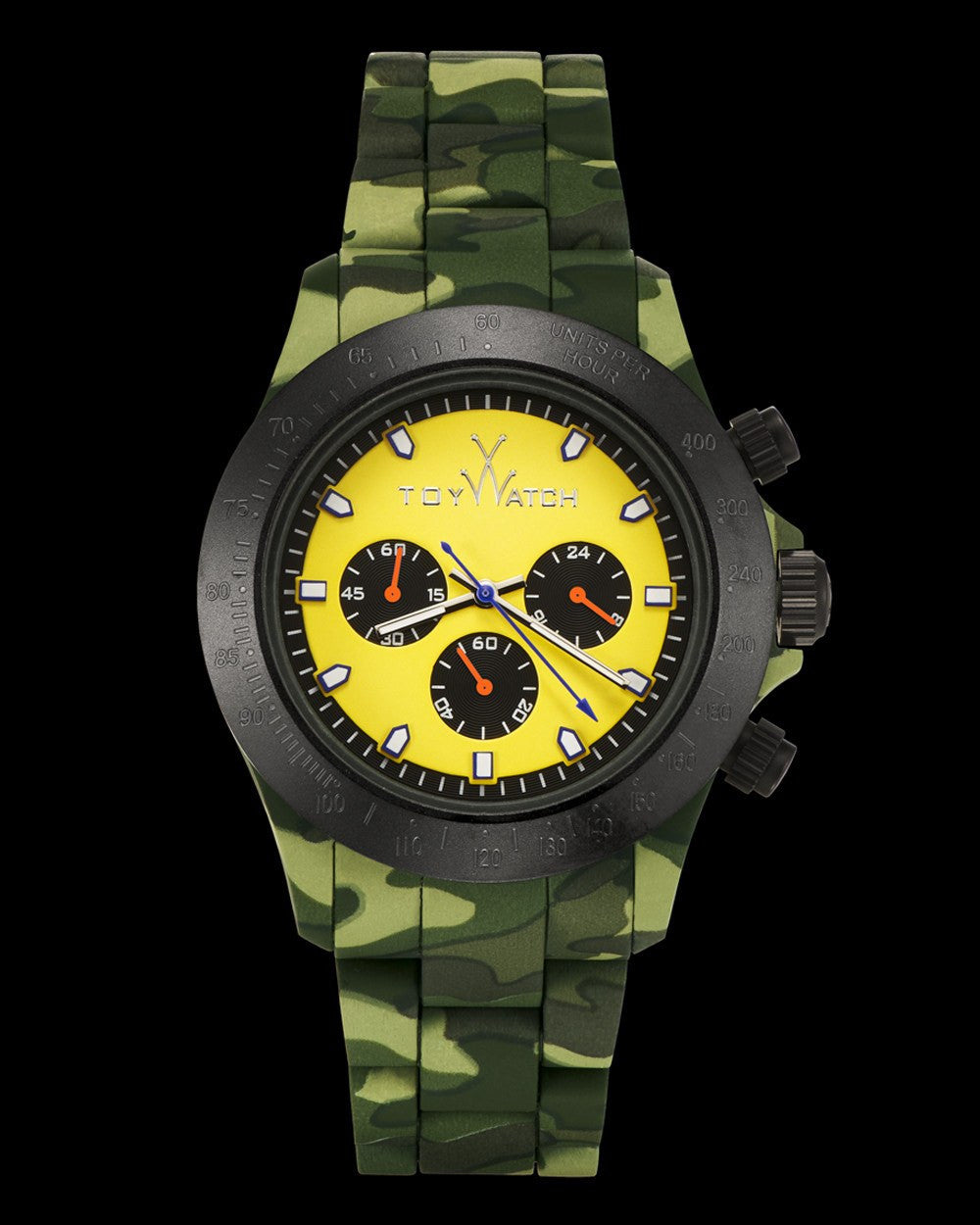 ToyWatch VELVETY CHRONO camouflage and yellow watch with a round dial and colorful strap, stylish and modern accessory.