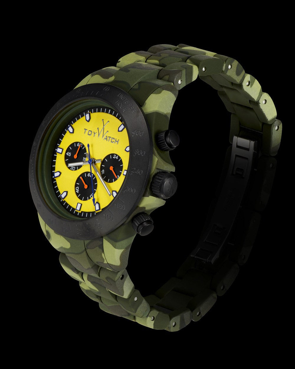ToyWatch VELVETY CHRONO camouflage and yellow watch with a sleek round dial and colorful strap.