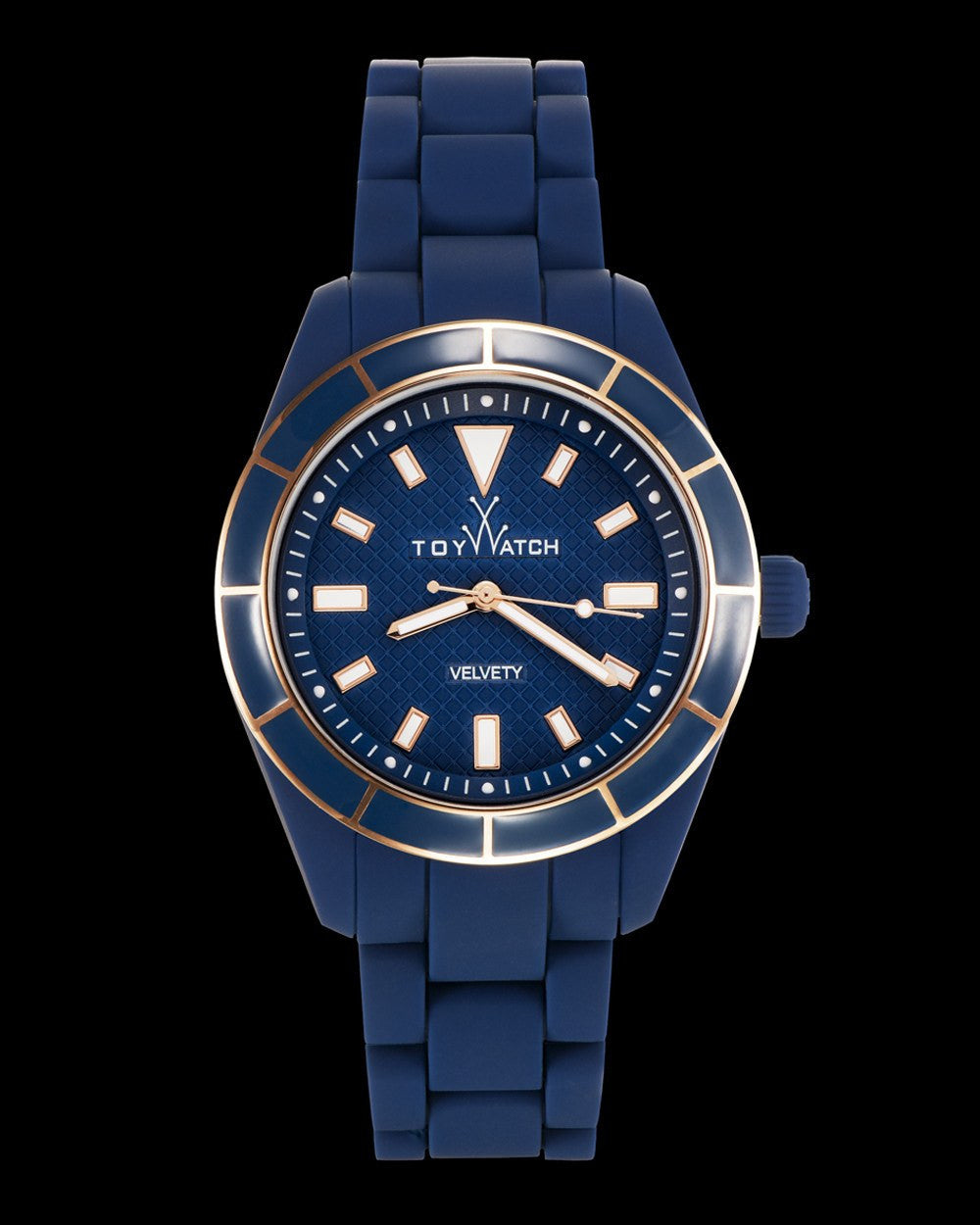 ToyWatch Velvety Enamel Blue watch with a round blue enamel dial and sleek metal bracelet.