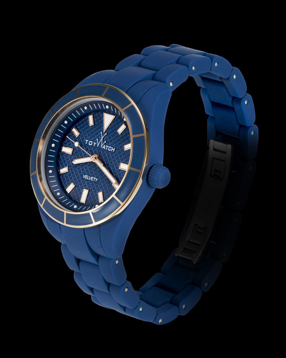 ToyWatch VELVETY ENAMEL BLUE watch with a sleek round face and blue enamel strap, showcasing modern style and craftsmanship.