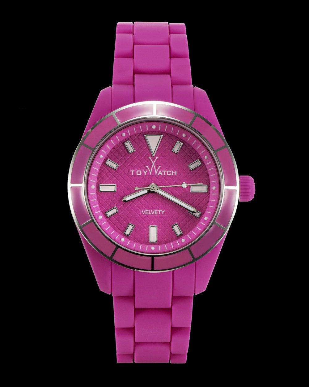 ToyWatch VELVETY ENAMEL PINK watch with a sleek pink strap and round dial, showcasing a stylish and modern accessory design.