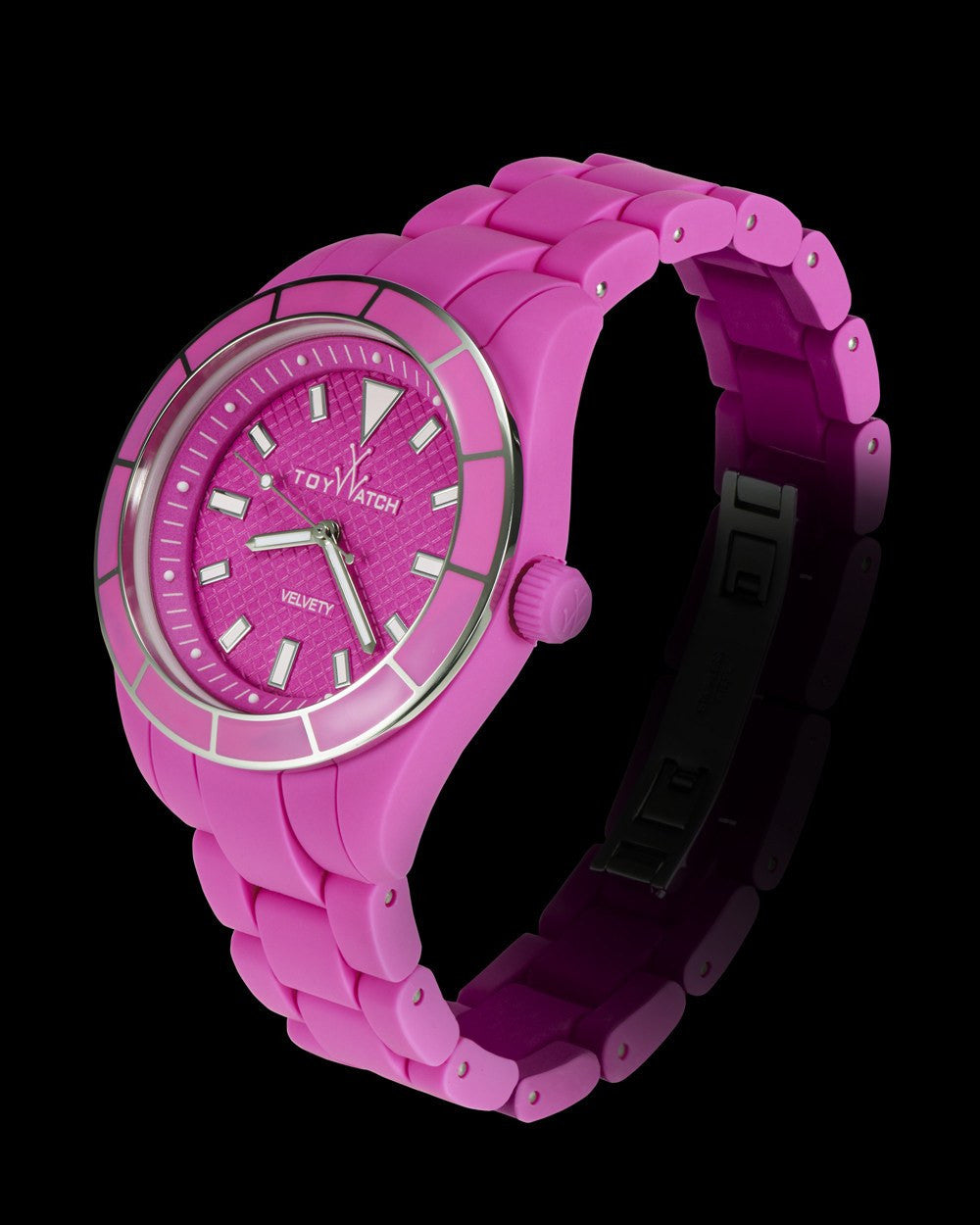 ToyWatch VELVETY ENAMEL PINK watch with a soft pink strap and sleek watch face, showcasing a stylish and modern design.