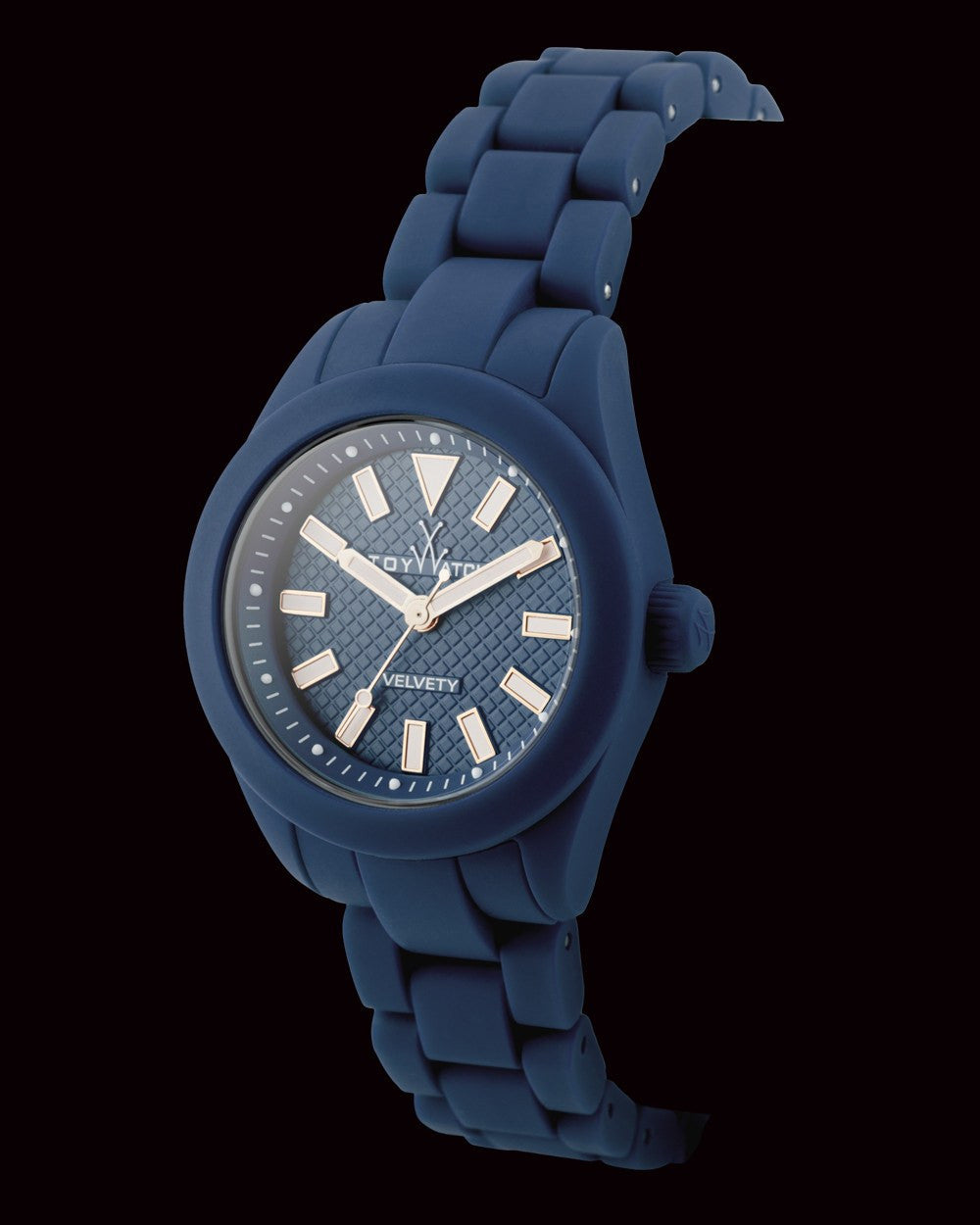 ToyWatch Velvety Small Blue watch with a round blue dial and sleek silver strap, stylish and modern accessory.