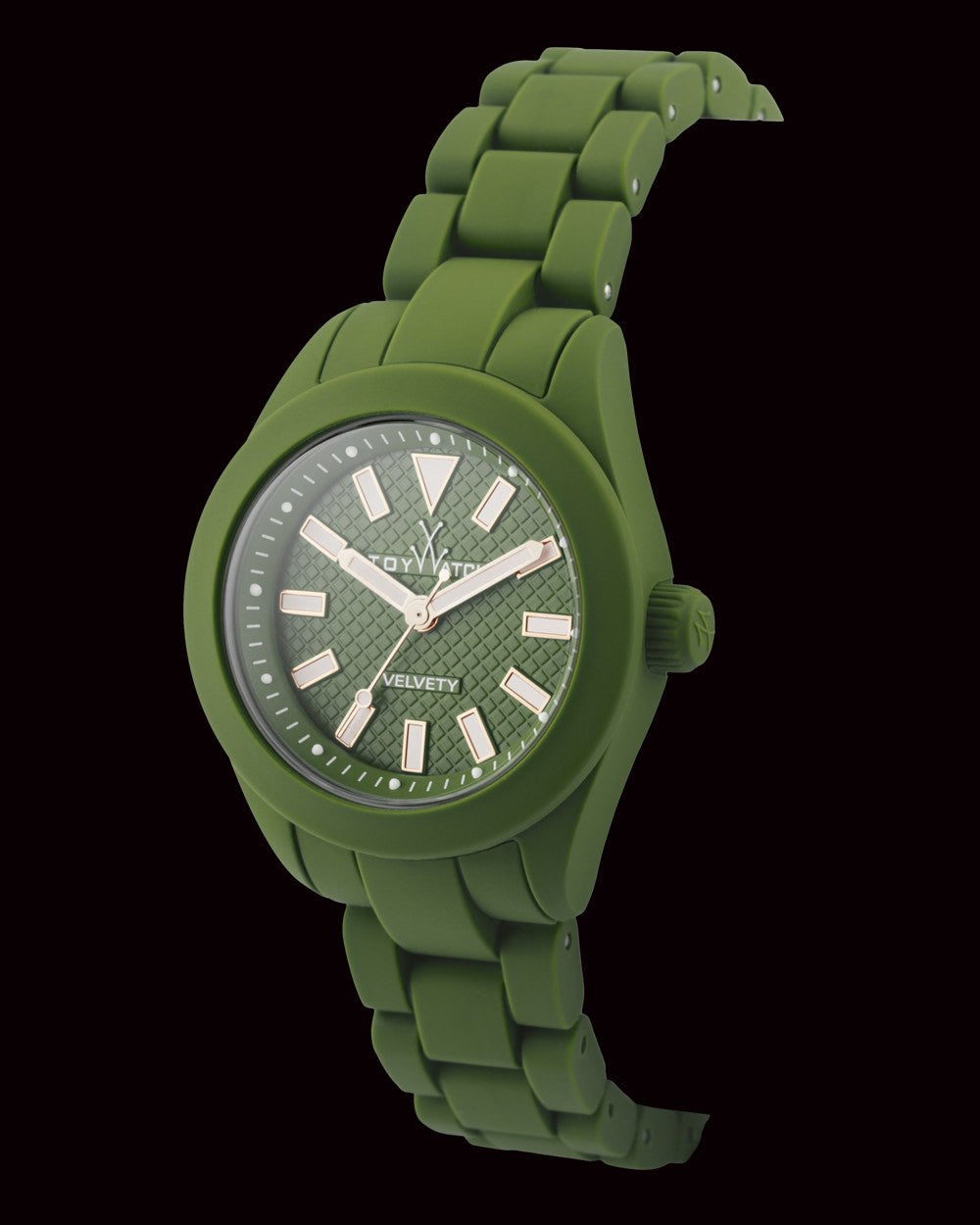 ToyWatch Velvety Small Green watch with a sleek green strap and round watch face, stylishly displayed on a white background.