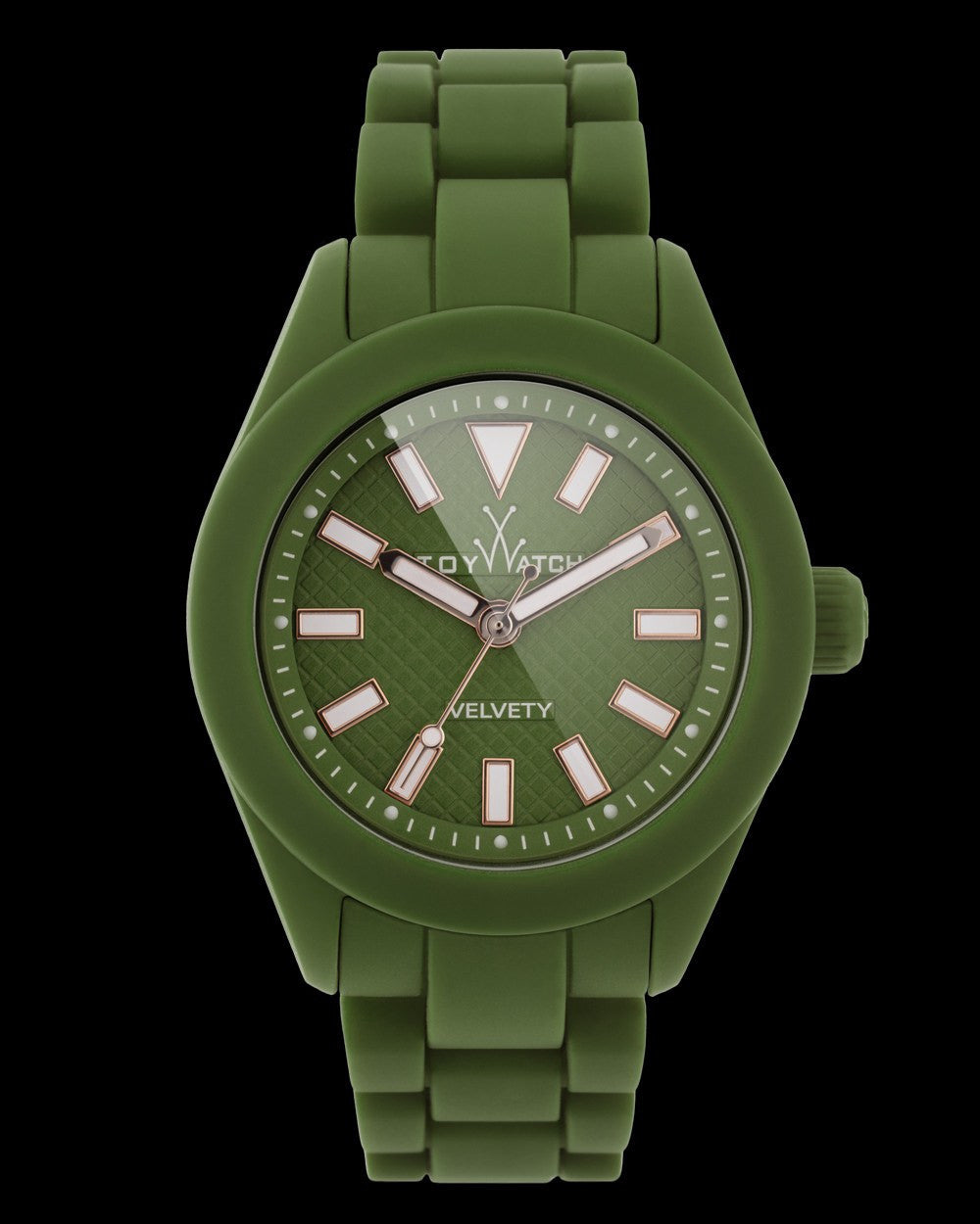 ToyWatch VELVETY SMALL GREEN watch with a green dial and black strap, close-up view showcasing its sleek design.