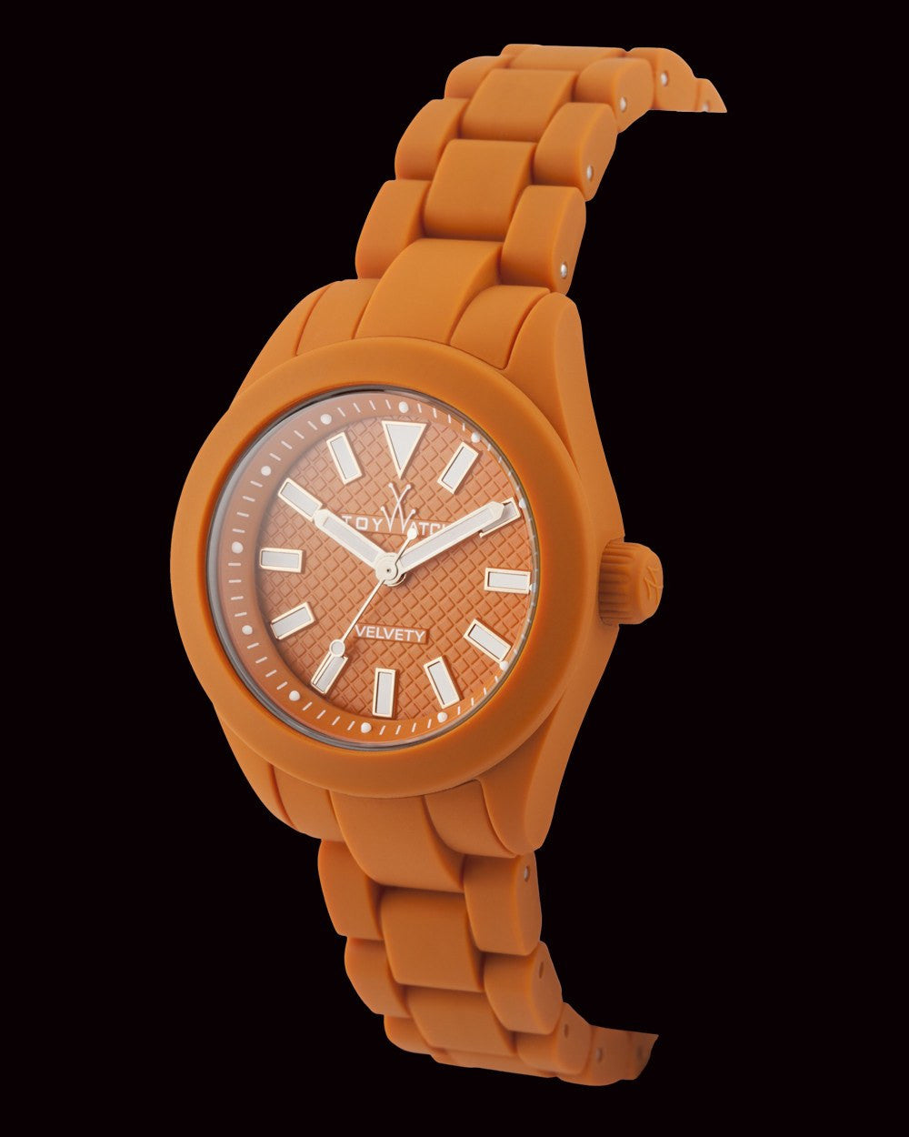 ToyWatch Velvety Small Orange watch with a sleek round face and orange strap, stylishly displayed on a white background.