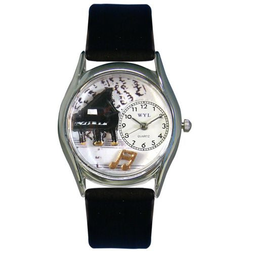 Music Piano Black Leather And Silvertone Watch